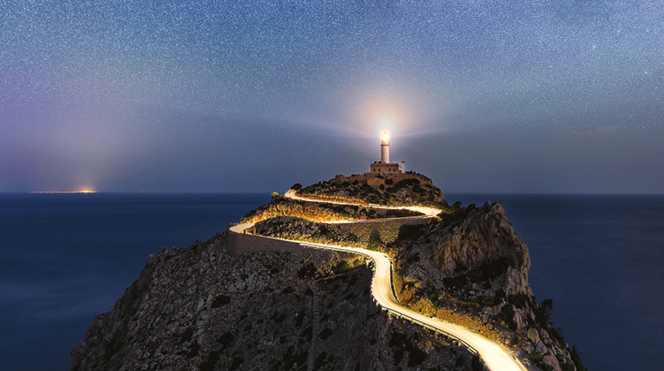 lighthouse | lights | night | rock | sea | stars | road | dusk